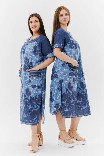 Платье 9136 (Монстеры синие) - Лазар-Текс