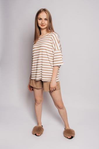 Комплект женский (футболка_шорты) 4357 (Белый/коричневая полоска) - Лазар-Текс