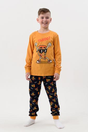 Пижама Пицца детская длинный рукав с брюками (Горчичный-т.синий) - Лазар-Текс